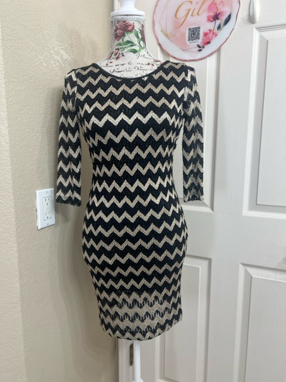 Foreign Exchange Black and Cream Chevron Midi Dress